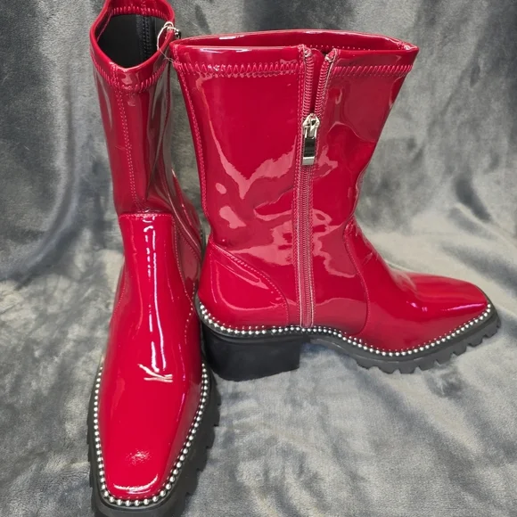 Lattelier Womens Shiny Ruby Red Leather Rhinestone Silver Boots. 38 (10 Usa) - Picture 12 of 13